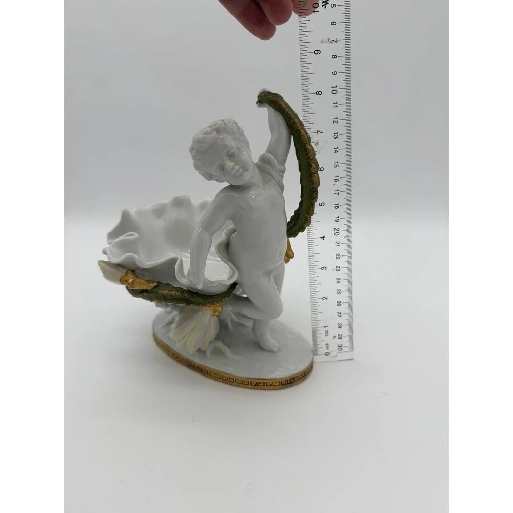 Antique Moore Bros White/Gold Trim Orchid Porcelain Putti Cherub Bowl Sculpture